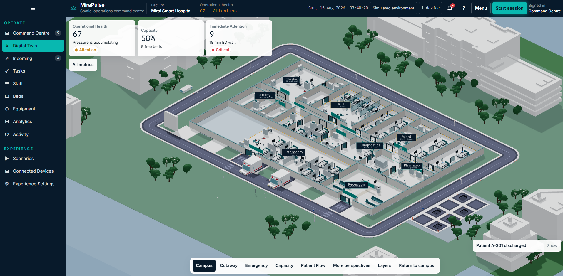 MiraPulse campus command view of Mirai Smart Hospital